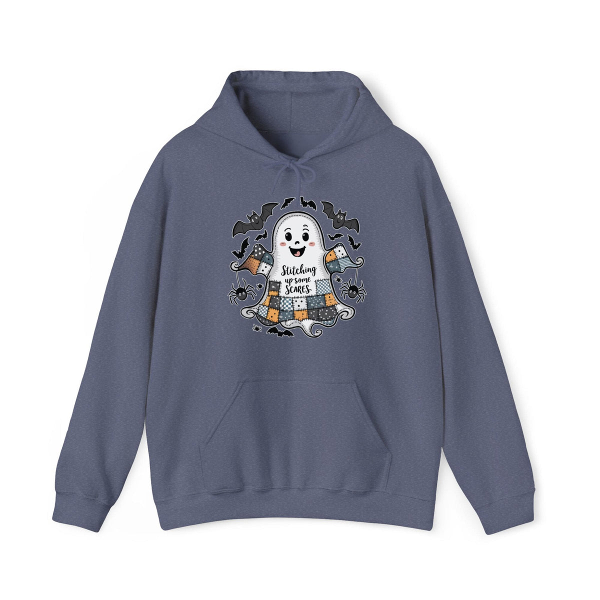 Quilter Gift: A Heather Navy Halloween Hoodie with cute patchwork ghost with "Stitching up some Scares" text and playful bats in a whimsical style