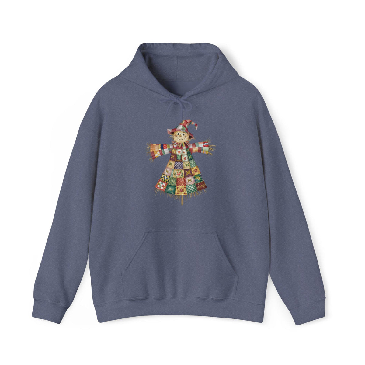 Quilter Gift: A Heather Navy Hoodie with patchwork scarecrow with a cheerful face in a whimsical style