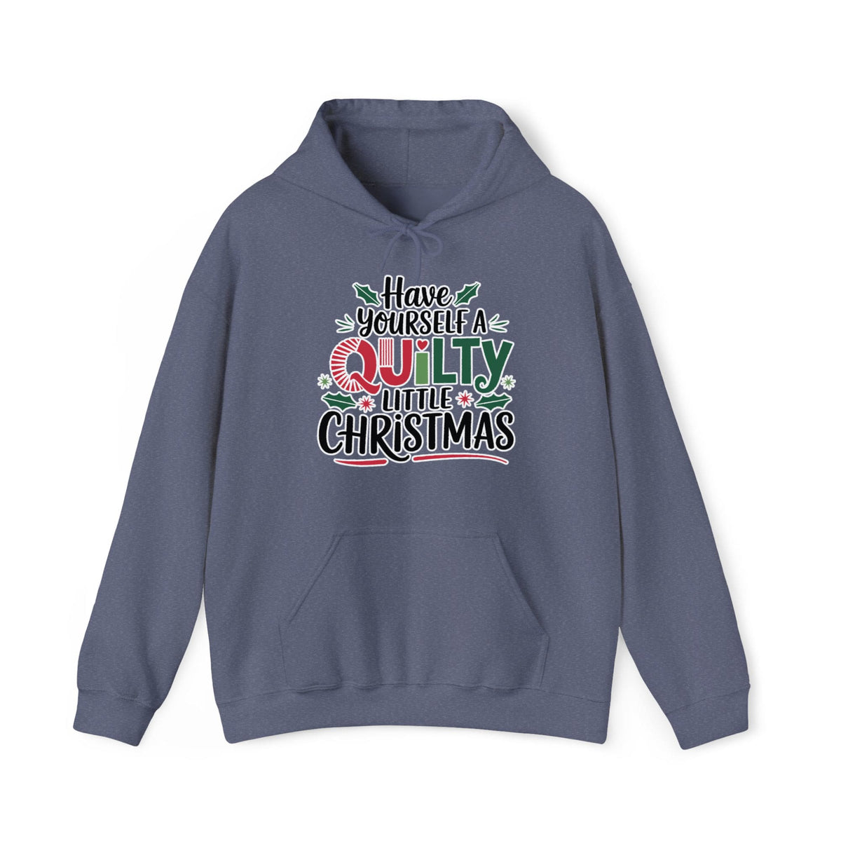 A Heather Navy Hoodie with a festive "Have Yourself a Quilty Little Christmas" text with holly and quilt patterns