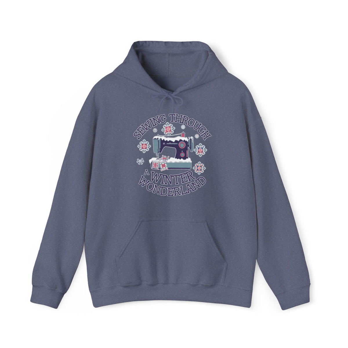 Quilter Gift: A Heather Navy Hoodie with sewing machine covered in snow with festive quilting elements and "Sewing Through a Winter Wonderland" text
