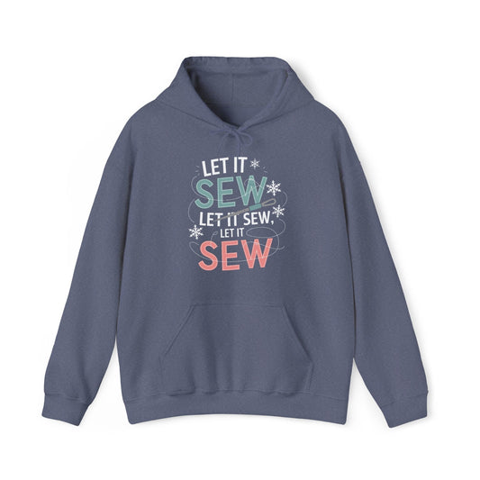 Quilter Gift: A Heather Navy Hoodie with bold 'Let it Sew' text with needle and thread in a modern style
