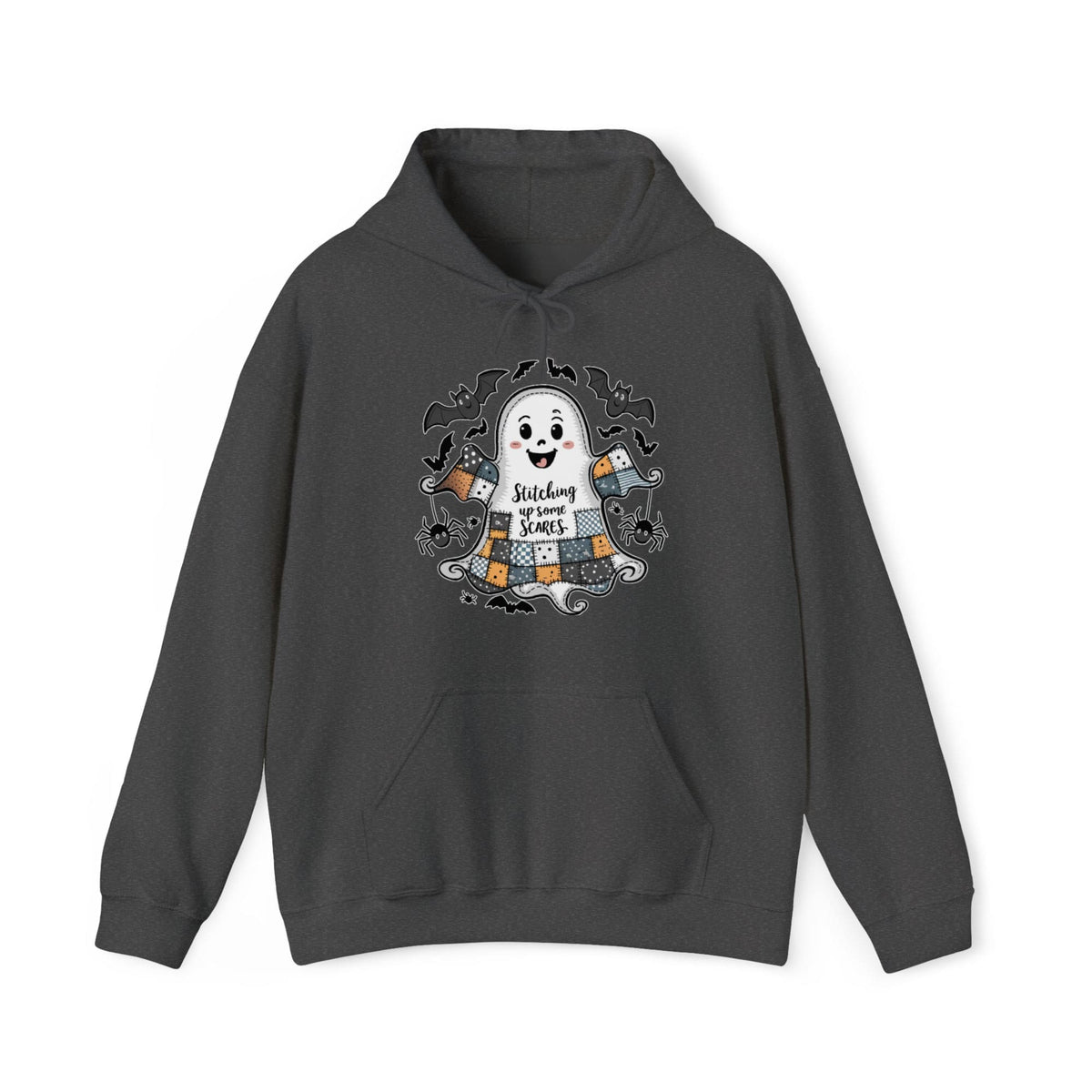 Quilter Gift: A Dark Heather Halloween Hoodie with cute patchwork ghost with "Stitching up some Scares" text and playful bats in a whimsical style