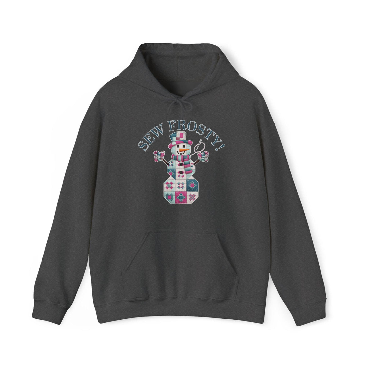 Quilter Gift: A Dark Heather Hoodie with snowman quilt pattern with 'Sew Frosty!' text in a crafty style