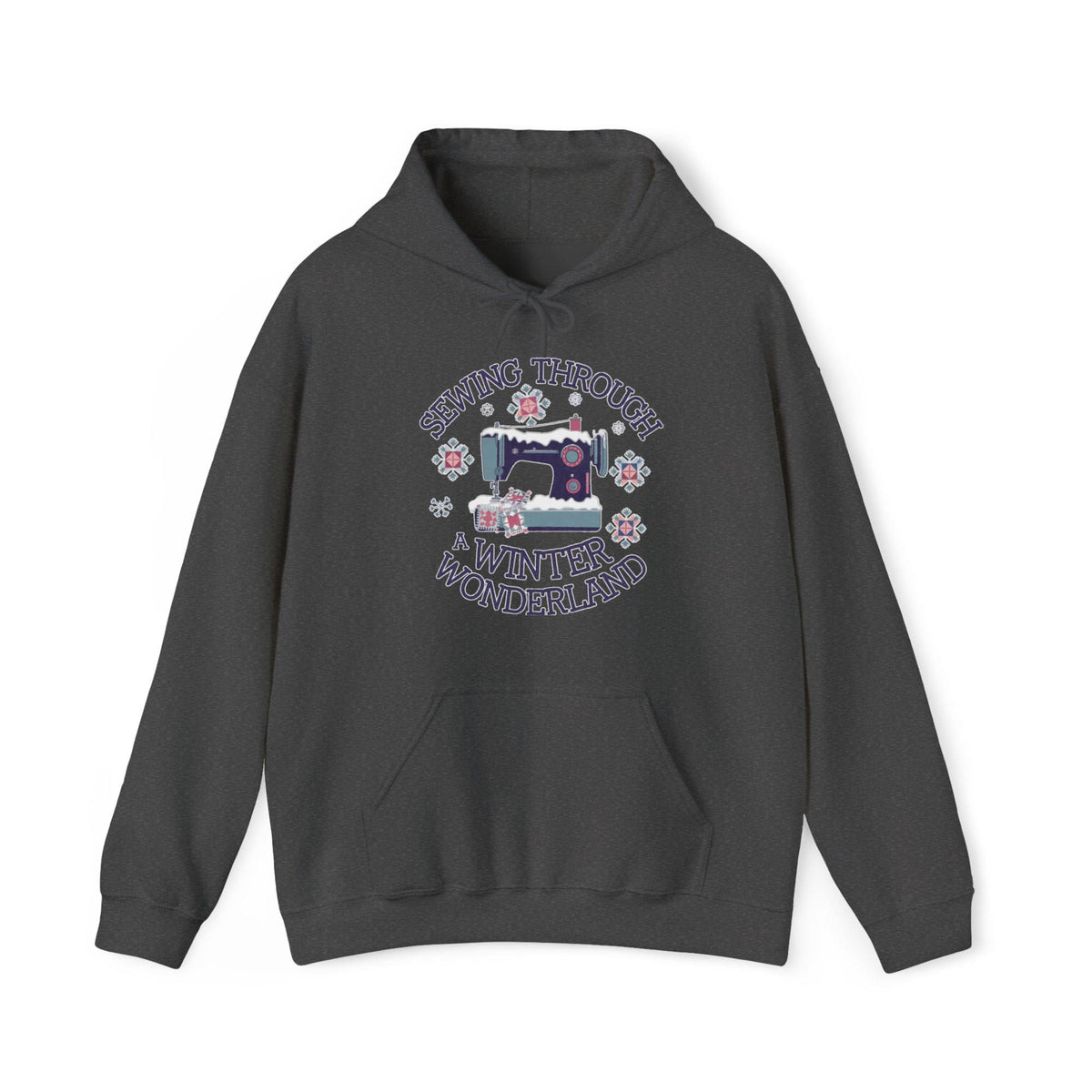 Quilter Gift: A Dark Heather Hoodie with sewing machine covered in snow with festive quilting elements and "Sewing Through a Winter Wonderland" text