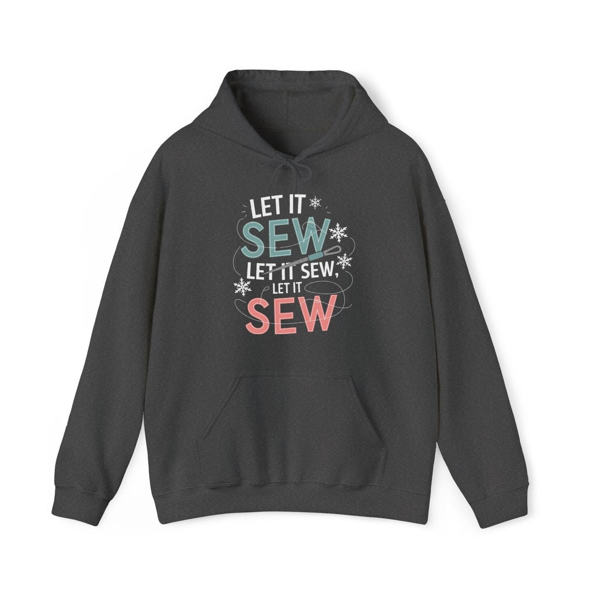 Quilter Gift: A Dark Heather Hoodie with bold 'Let it Sew' text with needle and thread in a modern style