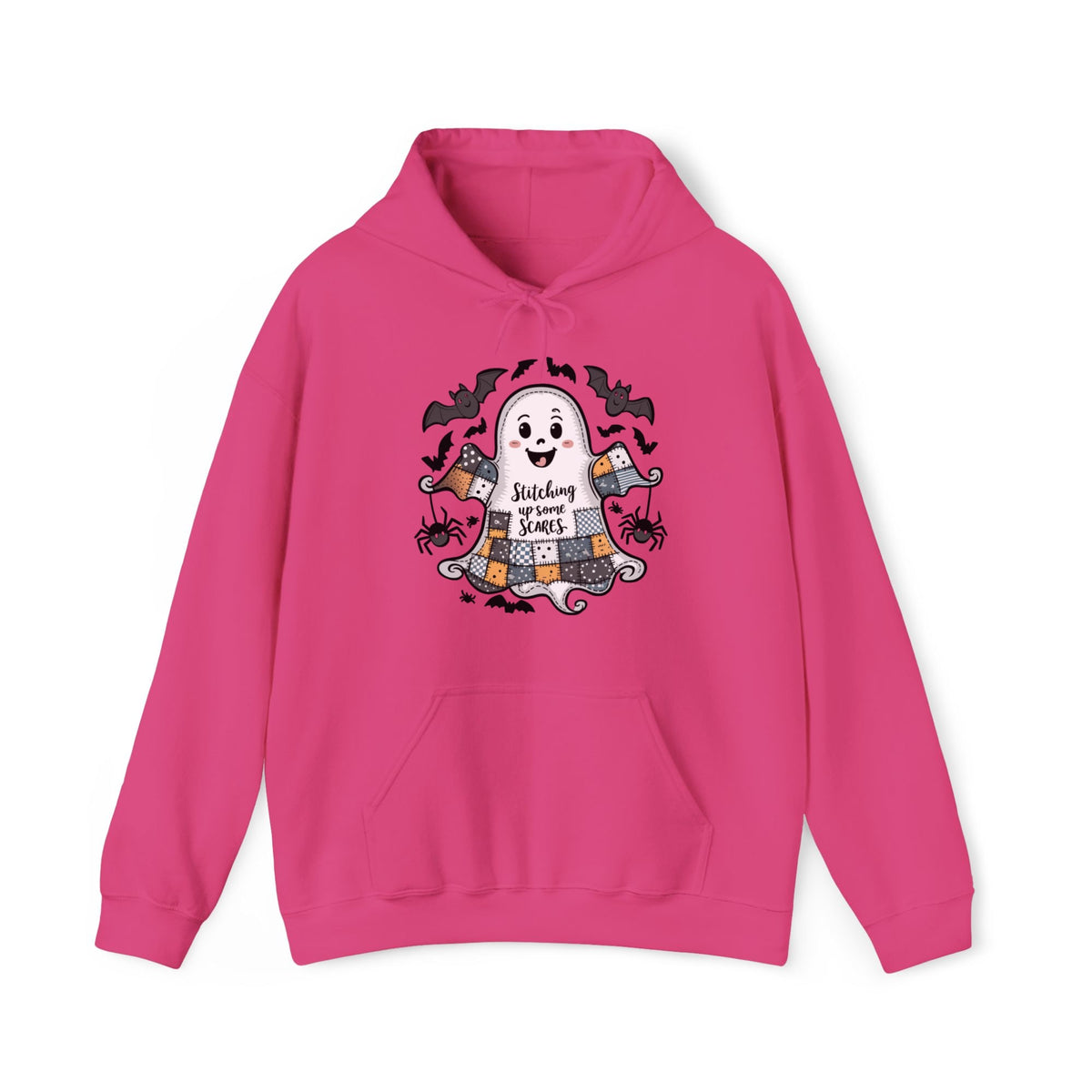Quilter Gift: A Heliconia Halloween Hoodie with cute patchwork ghost with "Stitching up some Scares" text and playful bats in a whimsical style