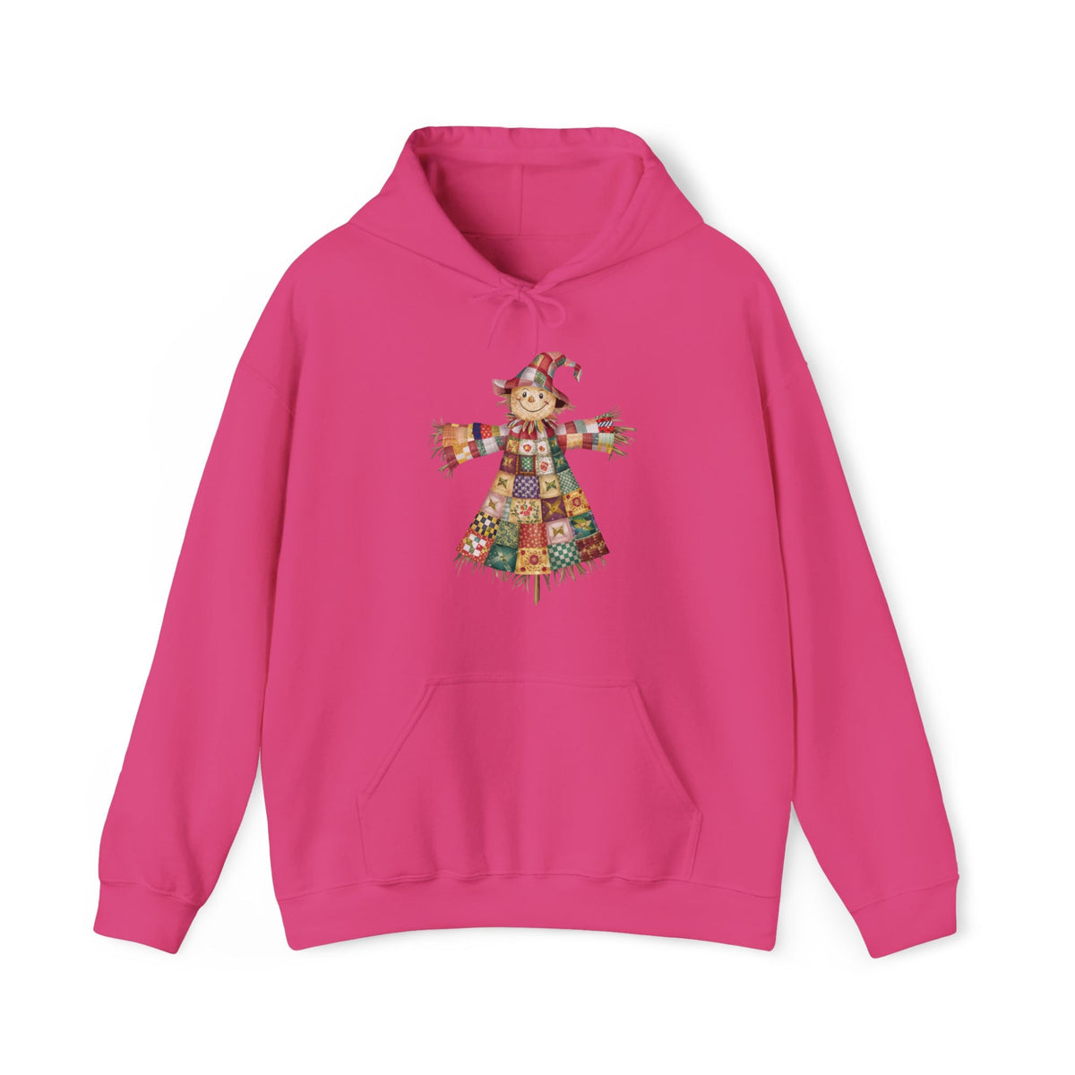 Quilter Gift: A Heliconia Hoodie with patchwork scarecrow with a cheerful face in a whimsical style