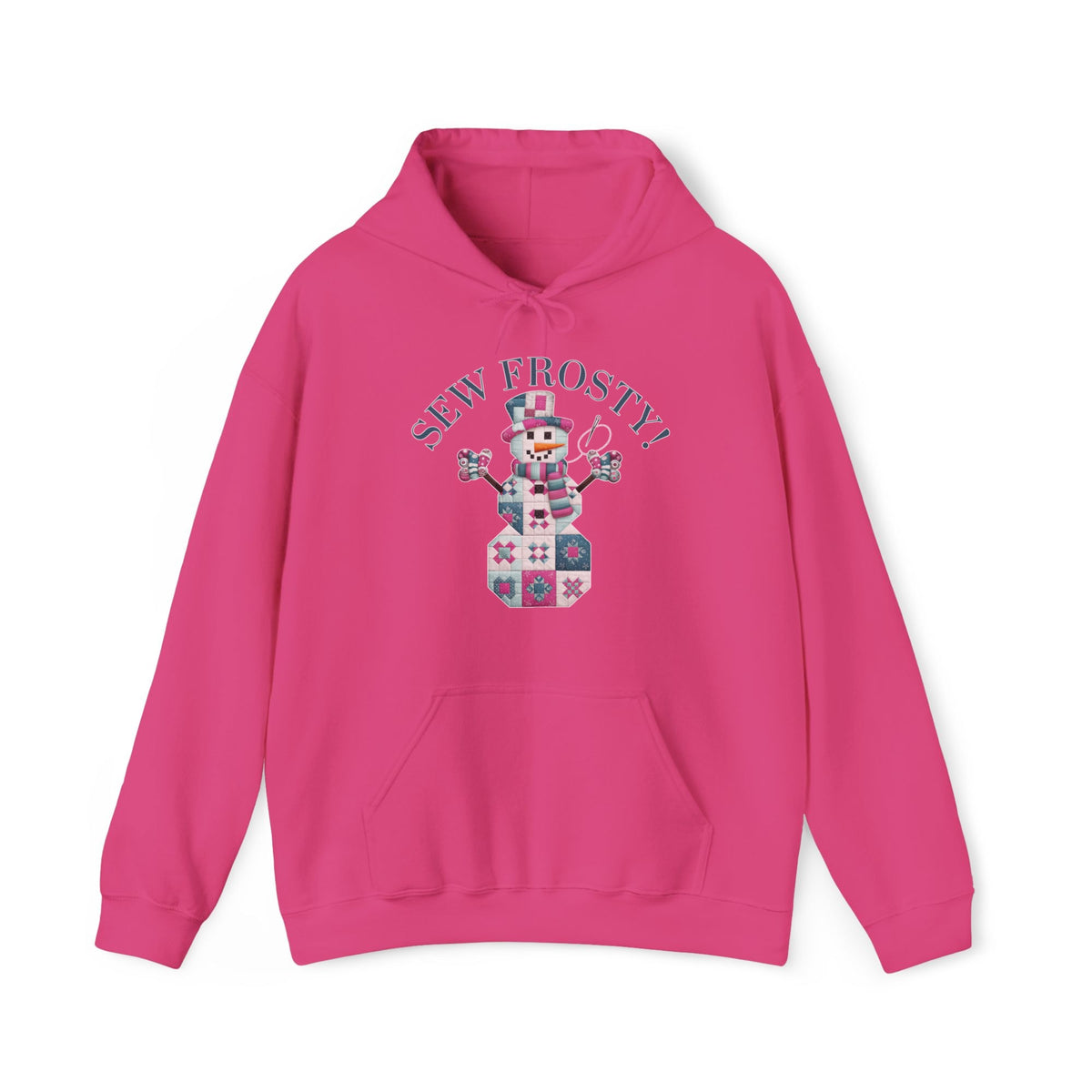 Quilter Gift: A Heliconia Hoodie with snowman quilt pattern with 'Sew Frosty!' text in a crafty style