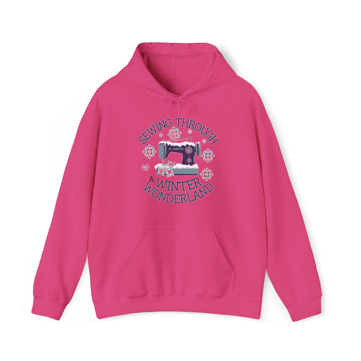 Quilter Gift: A Heliconia Hoodie with sewing machine covered in snow with festive quilting elements and "Sewing Through a Winter Wonderland" text
