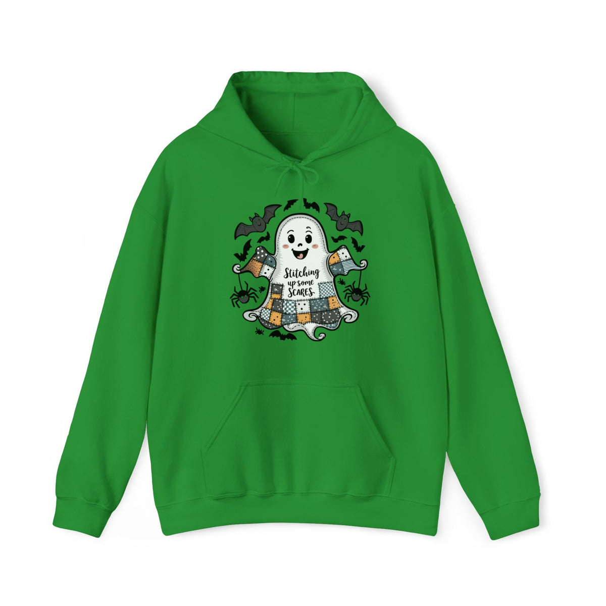 Quilter Gift: A Irish Green Halloween Hoodie with cute patchwork ghost with "Stitching up some Scares" text and playful bats in a whimsical style