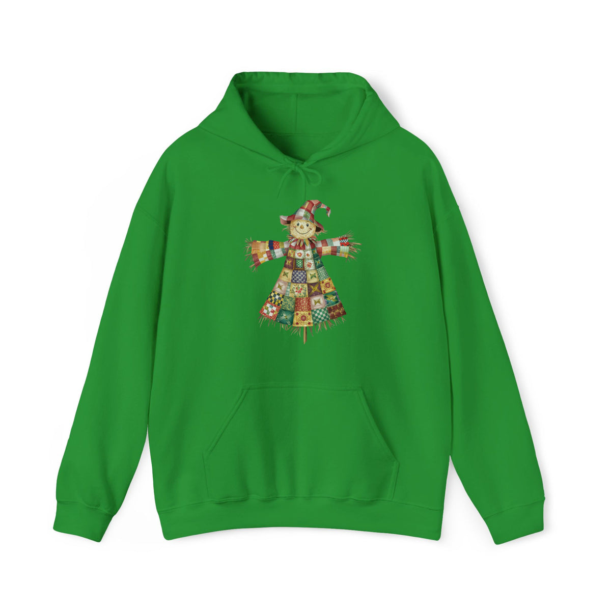 Quilter Gift: A Irish Green Hoodie with patchwork scarecrow with a cheerful face in a whimsical style