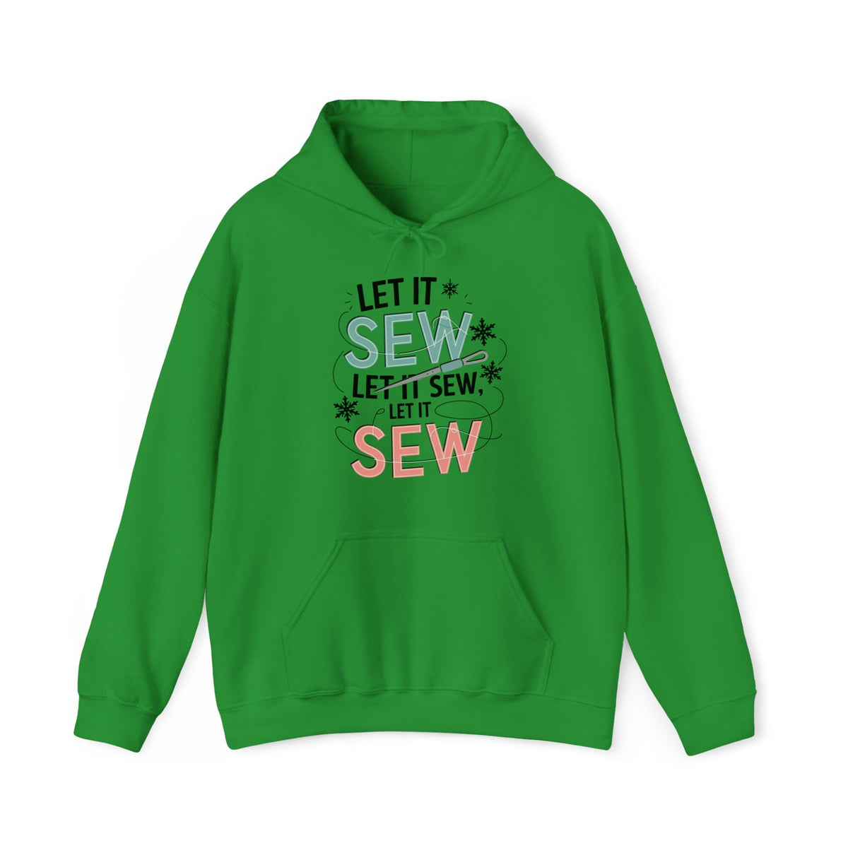 Quilter Gift: A Irish Green Hoodie with bold 'Let it Sew' text with needle and thread in a modern style