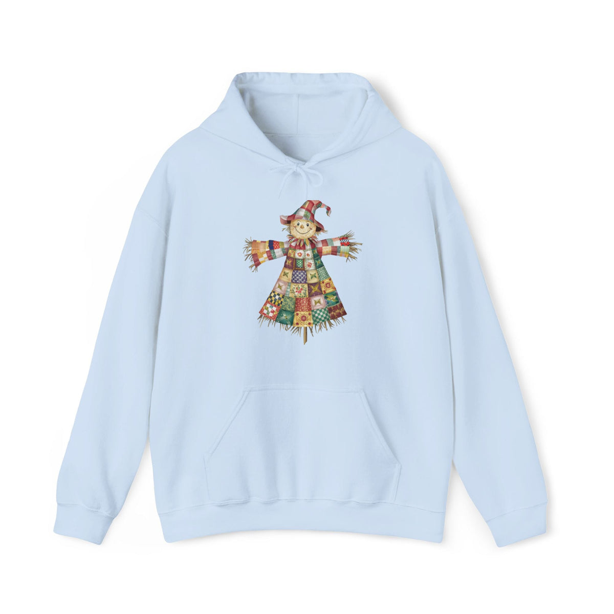 Quilter Gift: A Light Blue Hoodie with patchwork scarecrow with a cheerful face in a whimsical style