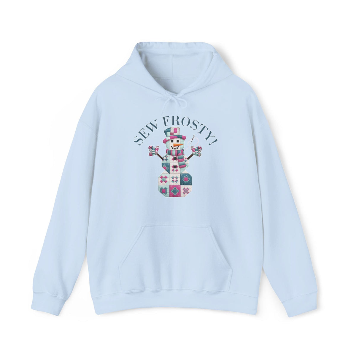 Quilter Gift: A Light Blue Hoodie with snowman quilt pattern with 'Sew Frosty!' text in a crafty style