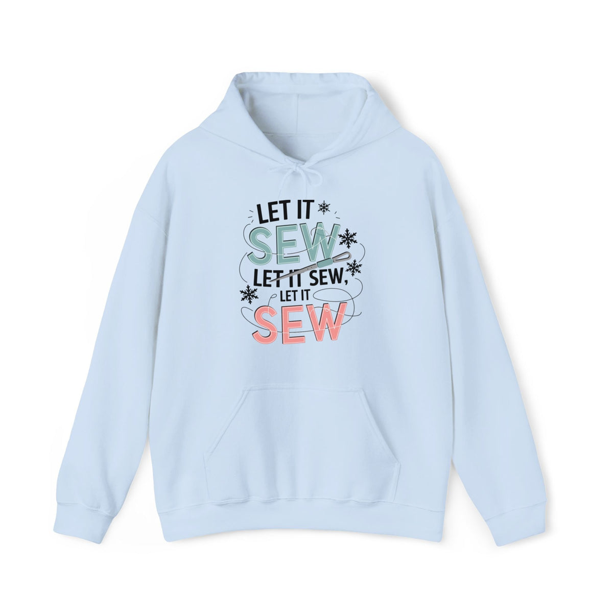 Quilter Gift: A Light Blue Hoodie with bold 'Let it Sew' text with needle and thread in a modern style
