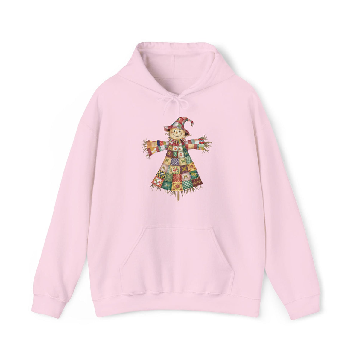 Quilter Gift: A Light Pink Hoodie with patchwork scarecrow with a cheerful face in a whimsical style