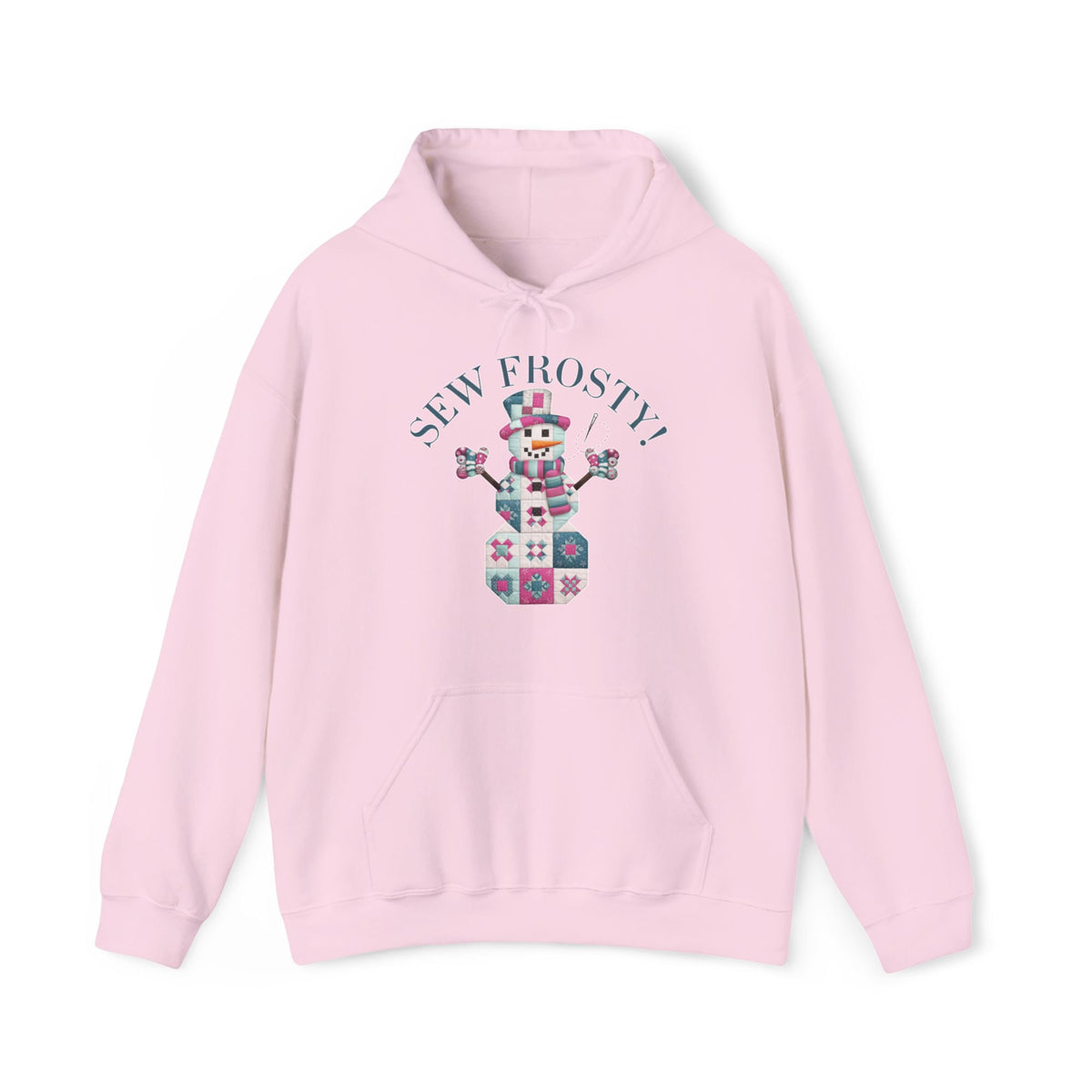 Quilter Gift: A Light Pink Hoodie with snowman quilt pattern with 'Sew Frosty!' text in a crafty style