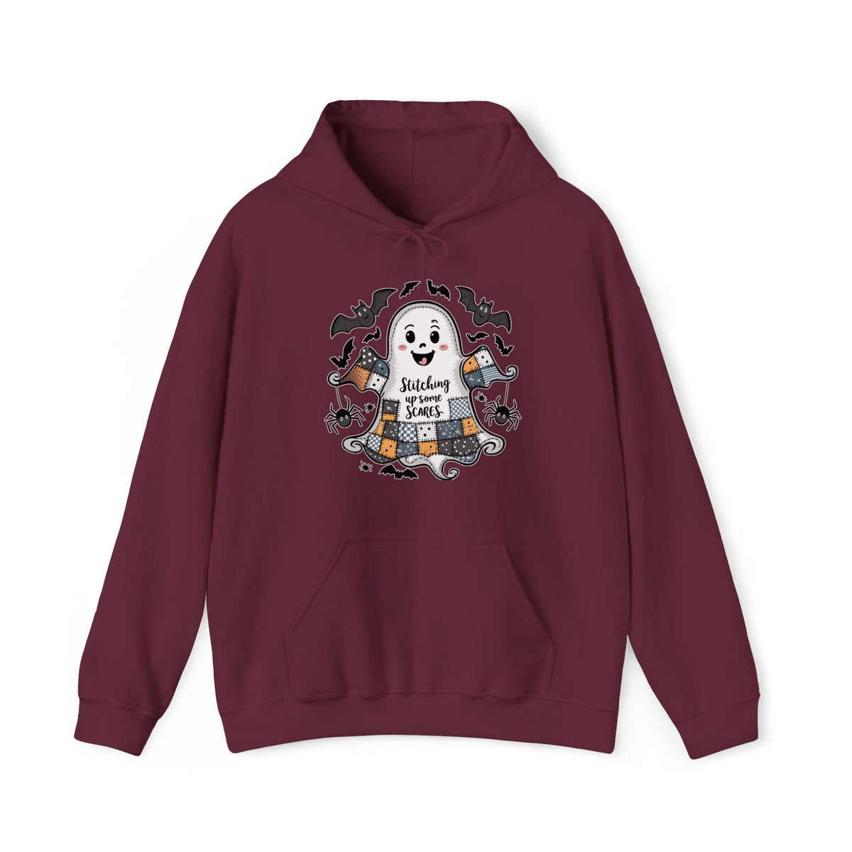 Quilter Gift: A Maroon Halloween Hoodie with cute patchwork ghost with "Stitching up some Scares" text and playful bats in a whimsical style