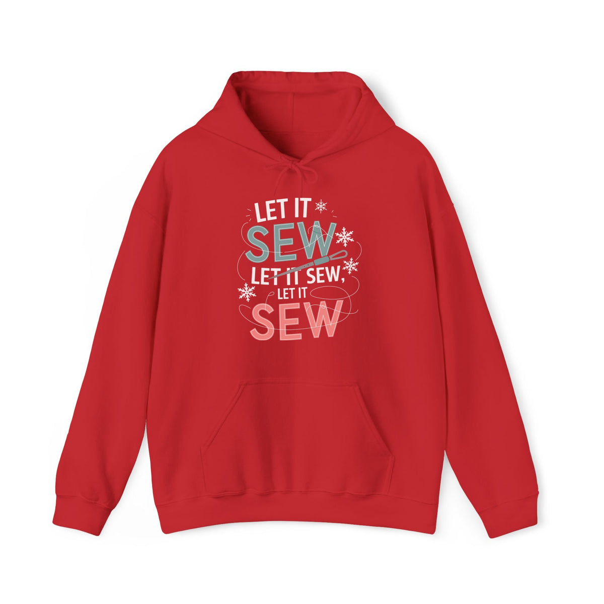Quilter Gift: A Red Hoodie with bold 'Let it Sew' text with needle and thread in a modern style
