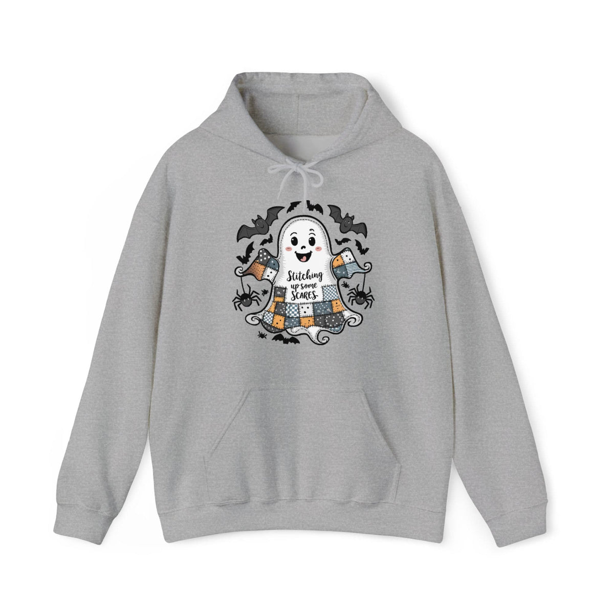 Quilter Gift: A Sport Grey Halloween Hoodie with cute patchwork ghost with "Stitching up some Scares" text and playful bats in a whimsical style