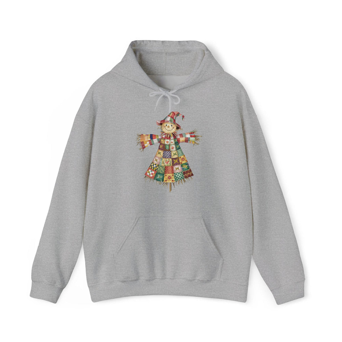 Quilter Gift: A Sport Grey Hoodie with patchwork scarecrow with a cheerful face in a whimsical style