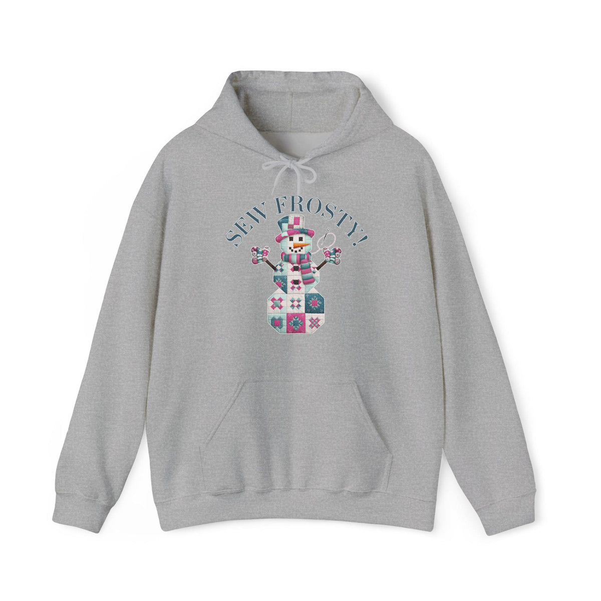 Quilter Gift: A Sport Grey Hoodie with snowman quilt pattern with 'Sew Frosty!' text in a crafty style