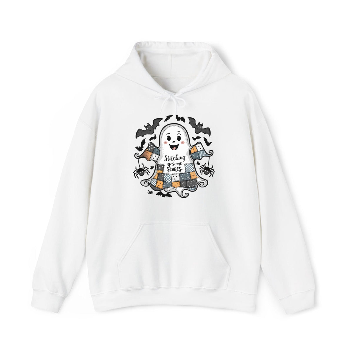Quilter Gift: A White Halloween Hoodie with cute patchwork ghost with "Stitching up some Scares" text and playful bats in a whimsical style