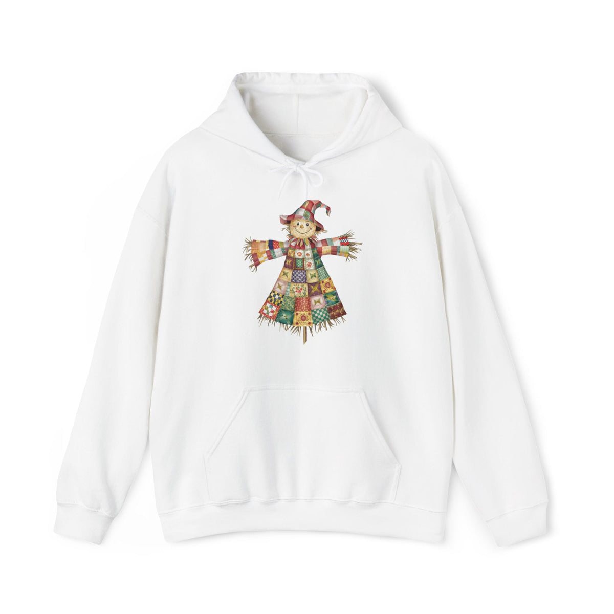 Quilter Gift: A White Hoodie with patchwork scarecrow with a cheerful face in a whimsical style