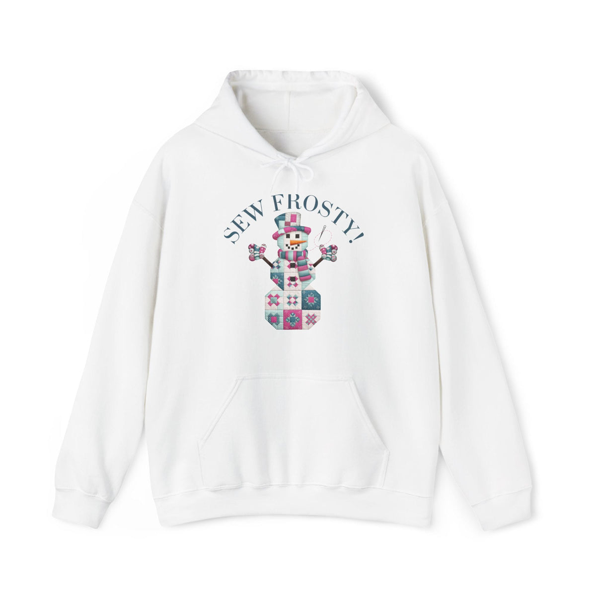 Quilter Gift: A White Hoodie with snowman quilt pattern with 'Sew Frosty!' text in a crafty style