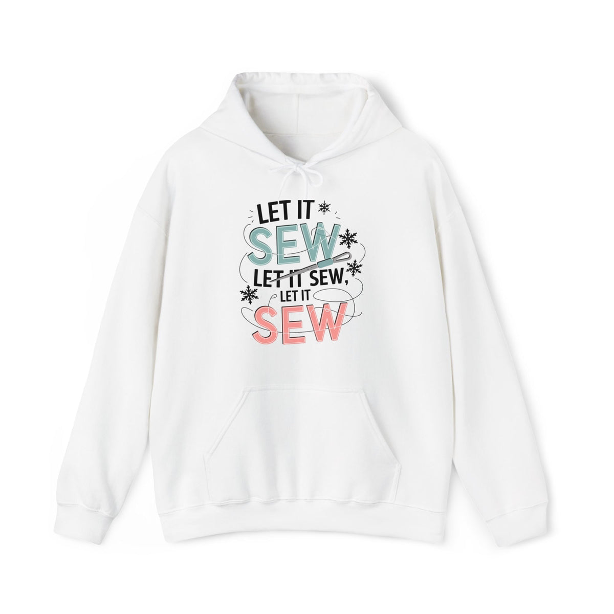 Quilter Gift: A White Hoodie with bold 'Let it Sew' text with needle and thread in a modern style