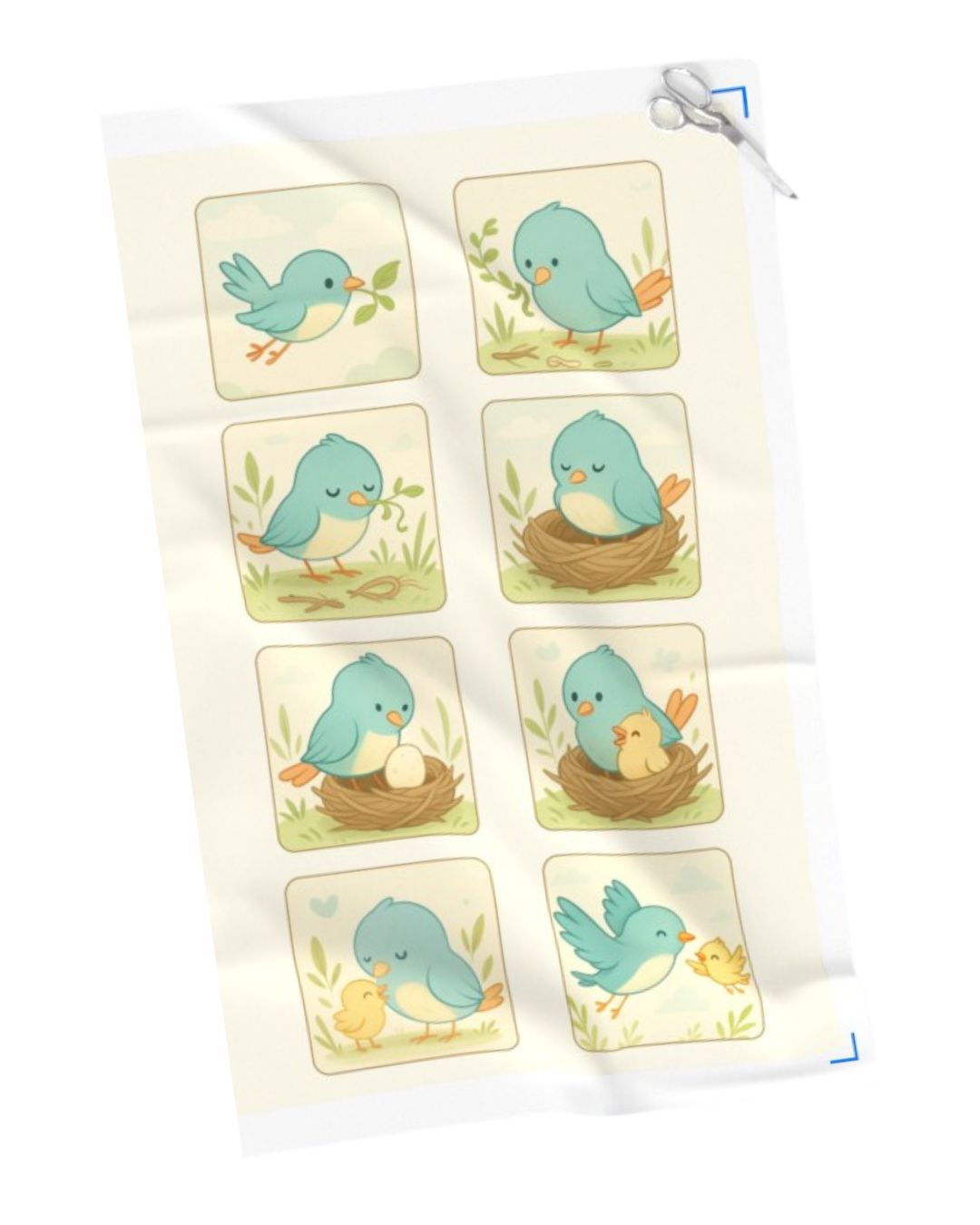 Little Birdie Makes a Nest quilt panel — eight bluebird story blocks on cotton