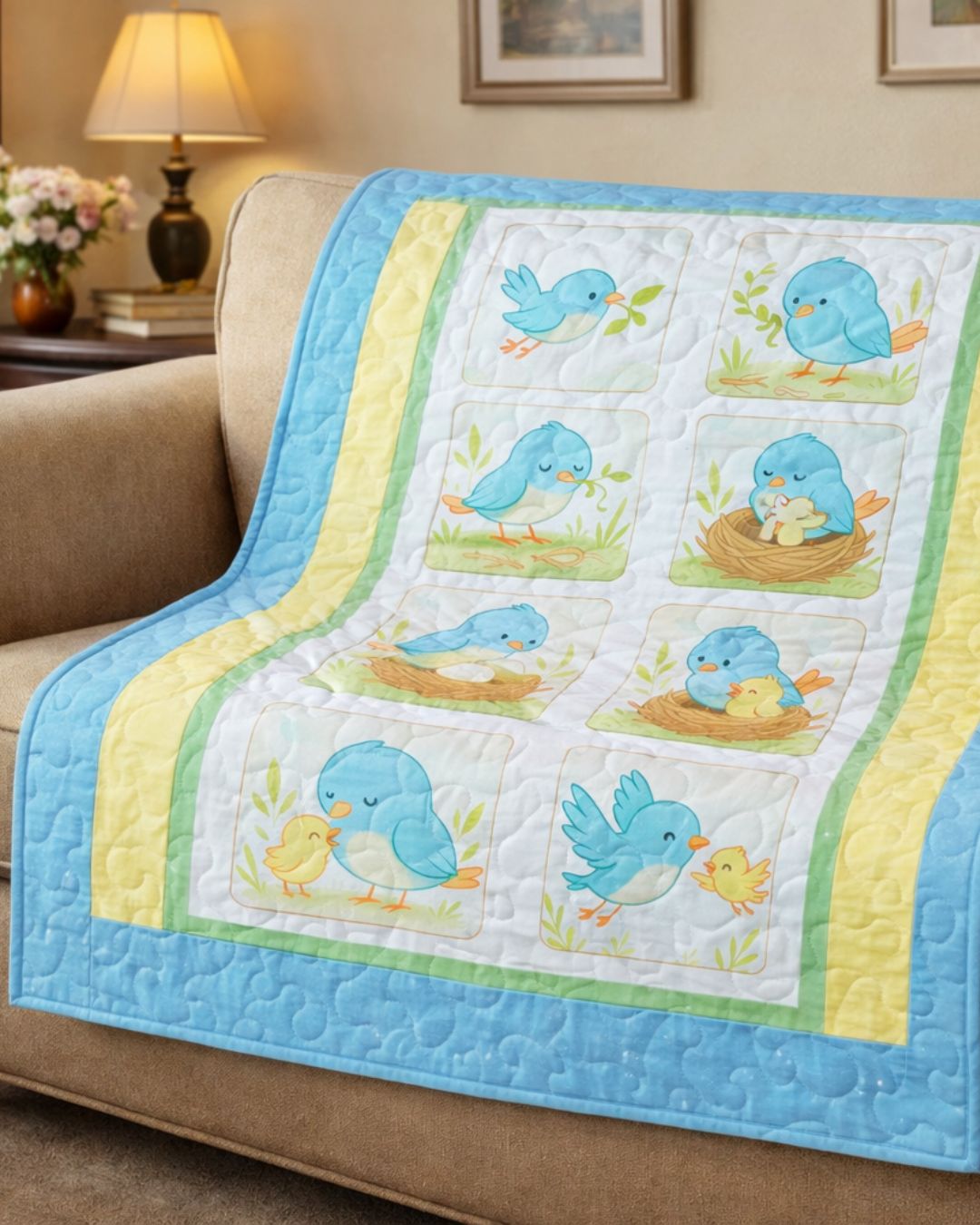 Bluebird storytelling quilt on a couch, made from the Little Birdie panel
