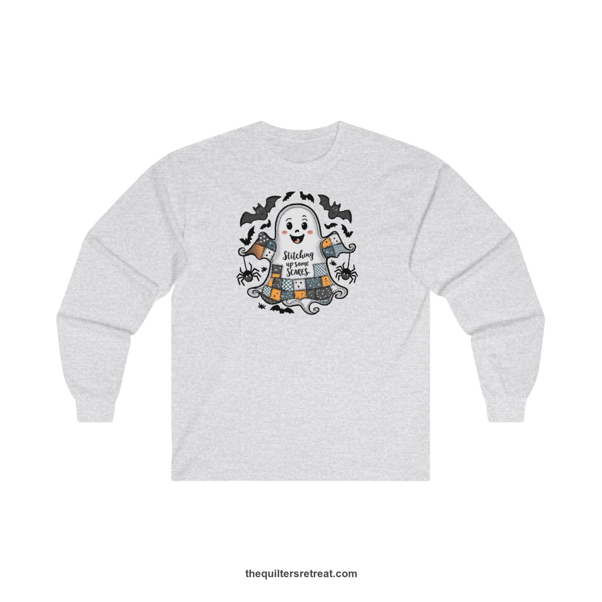 Quilter Gift: A Ash Long Sleeve T-Shirt with cute patchwork ghost with 'Stitching up some Scares' text and playful bats in a whimsical style