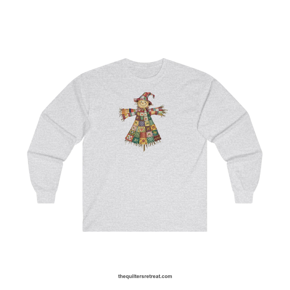 Quilter Gift: A Ash Long Sleeve T-Shirt with patchwork scarecrow with a cheerful face in a whimsical style