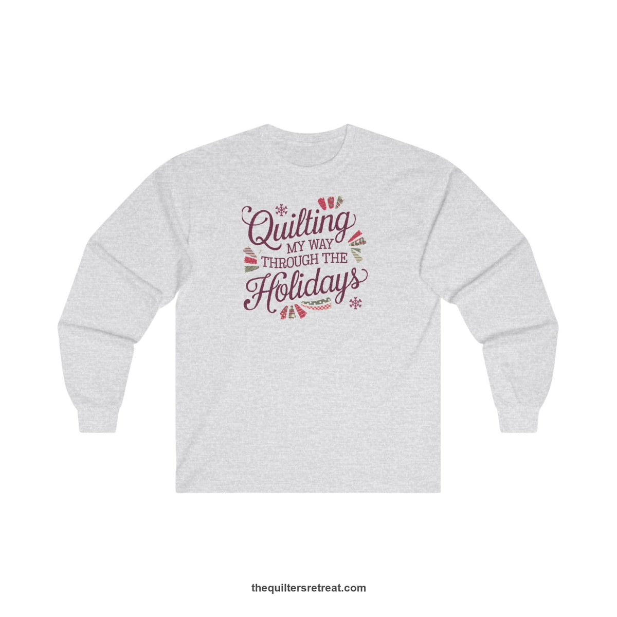 Quilter Gift: A Ash Long Sleeve T-Shirt with quilting-themed text in festive colors with decorative quilt patterns