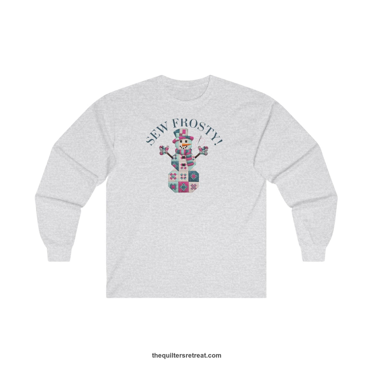 Quilter Gift: A Ash Long Sleeve T-Shirt with snowman quilt pattern with 'Sew Frosty!' text in a crafty style