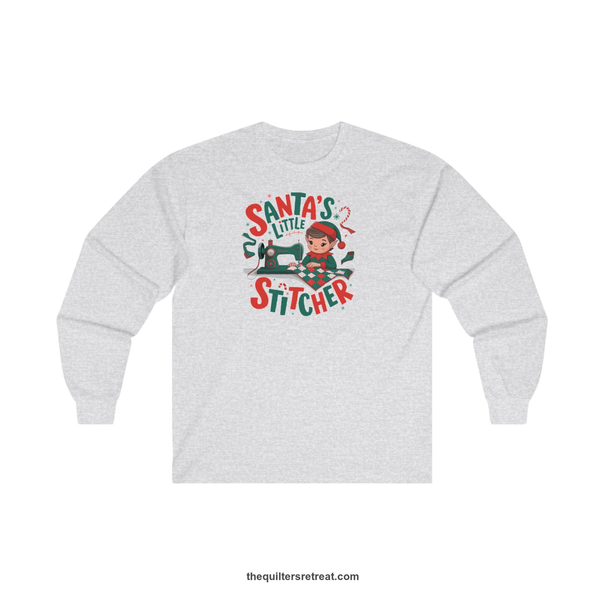 Quilter Gift: A Ash Long Sleeve T-Shirt with santa's little stitcher elf sewing quilt with festive colors in playful style