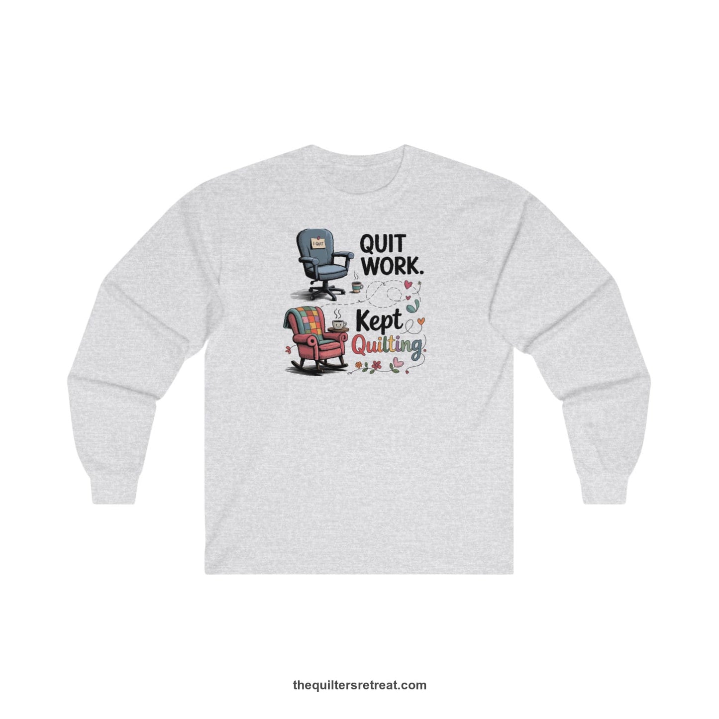 A Ash Long Sleeve T-Shirt with a quit work kept quilting text with cozy chairs and colorful floral accents in a whimsical style