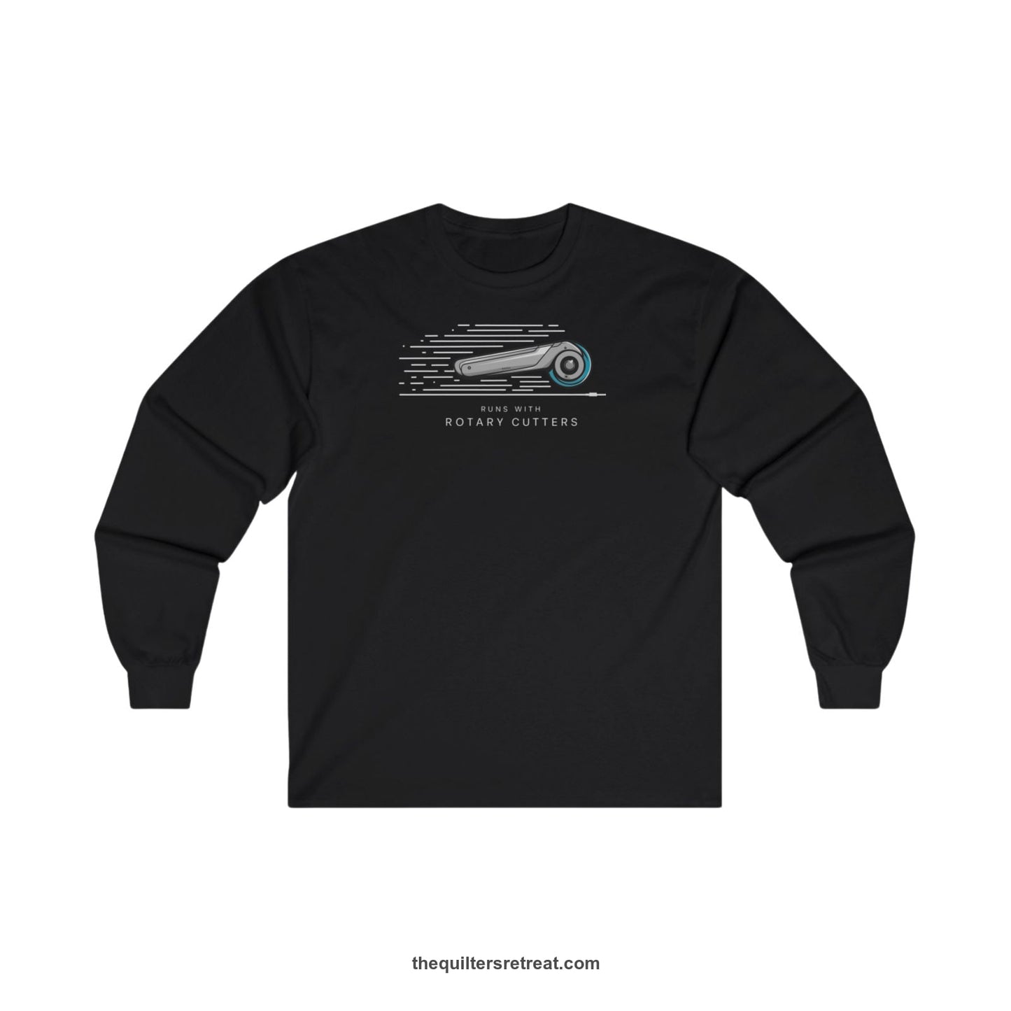 A Black Long Sleeve T-Shirt with a rotary cutter illustration with dynamic lines and bold "Runs with Rotary Cutters" text