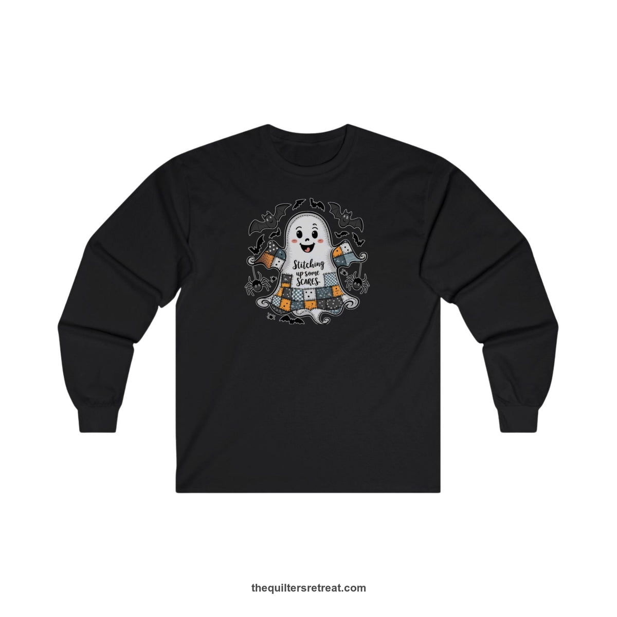 Quilter Gift: A Black Long Sleeve T-Shirt with cute patchwork ghost with 'Stitching up some Scares' text and playful bats in a whimsical style