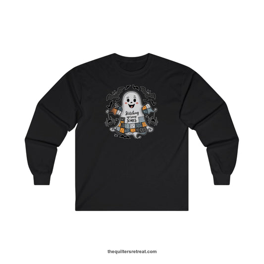 Quilter Gift: A Black Long Sleeve T-Shirt with cute patchwork ghost with 'Stitching up some Scares' text and playful bats in a whimsical style
