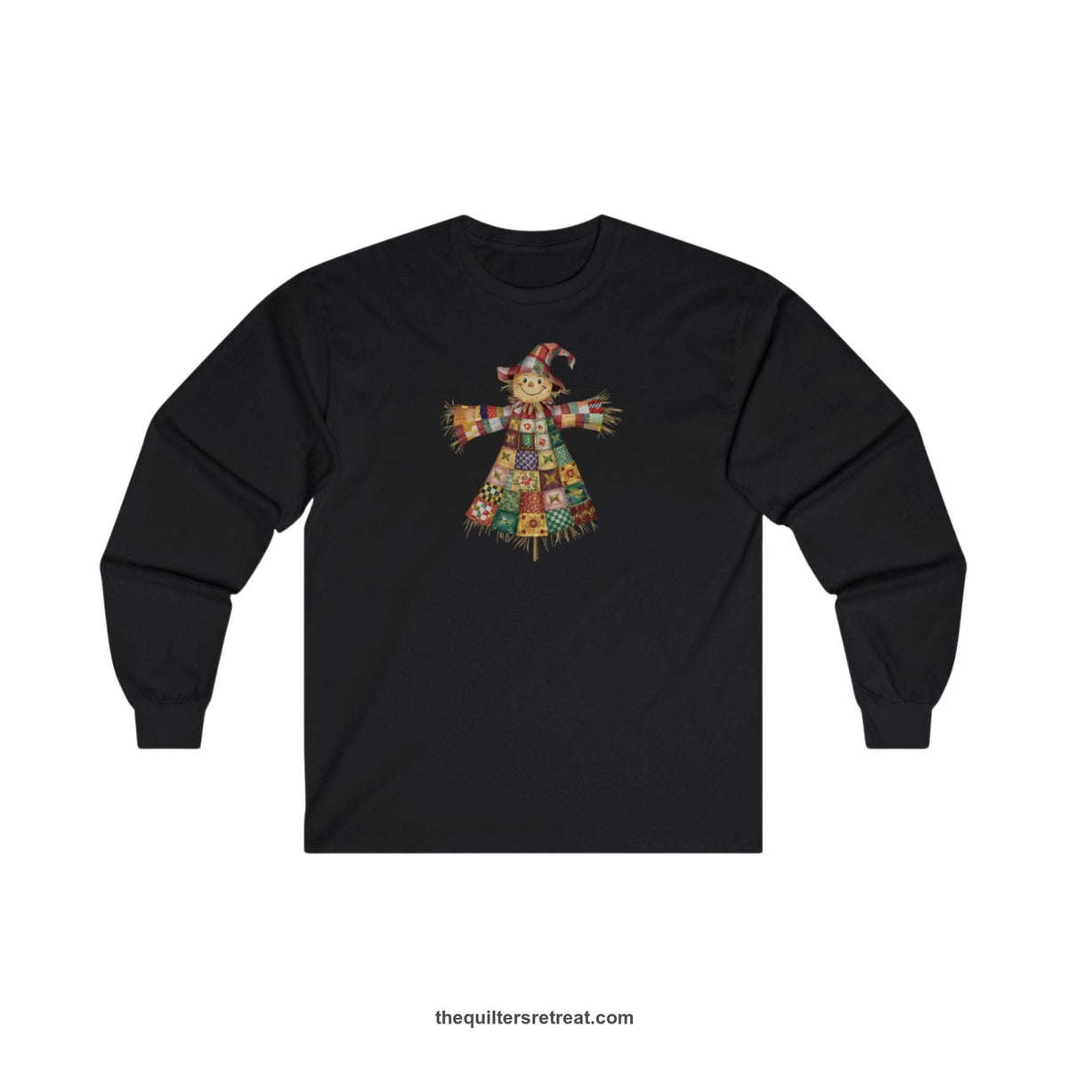 Quilter Gift: A Black Long Sleeve T-Shirt with patchwork scarecrow with a cheerful face in a whimsical style