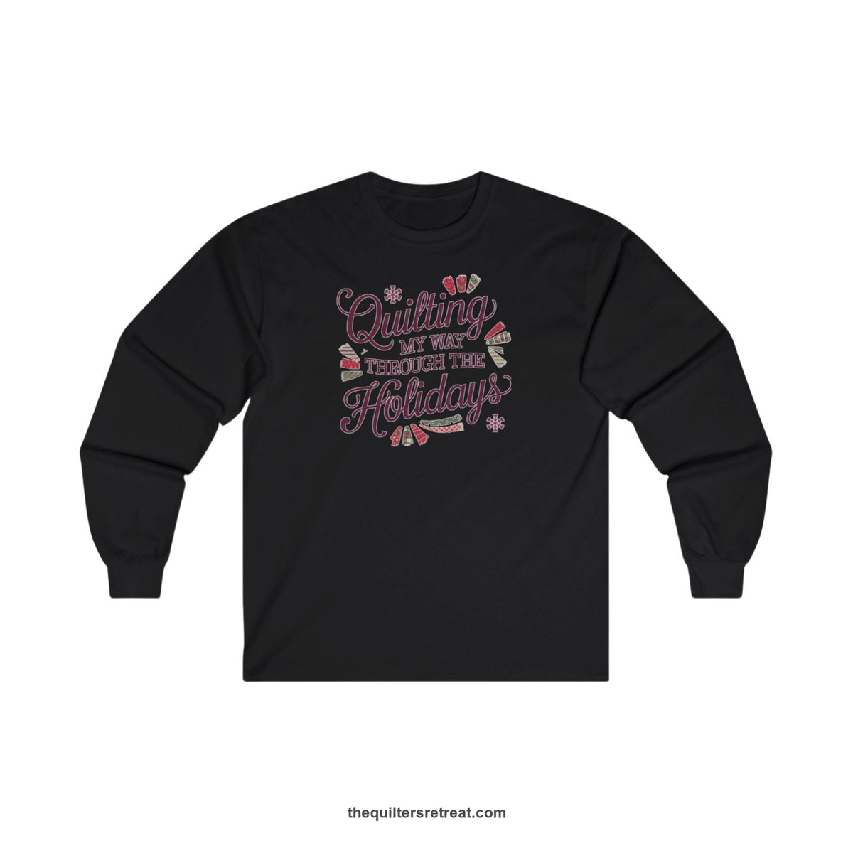 Quilter Gift: A Black Long Sleeve T-Shirt with quilting-themed text in festive colors with decorative quilt patterns