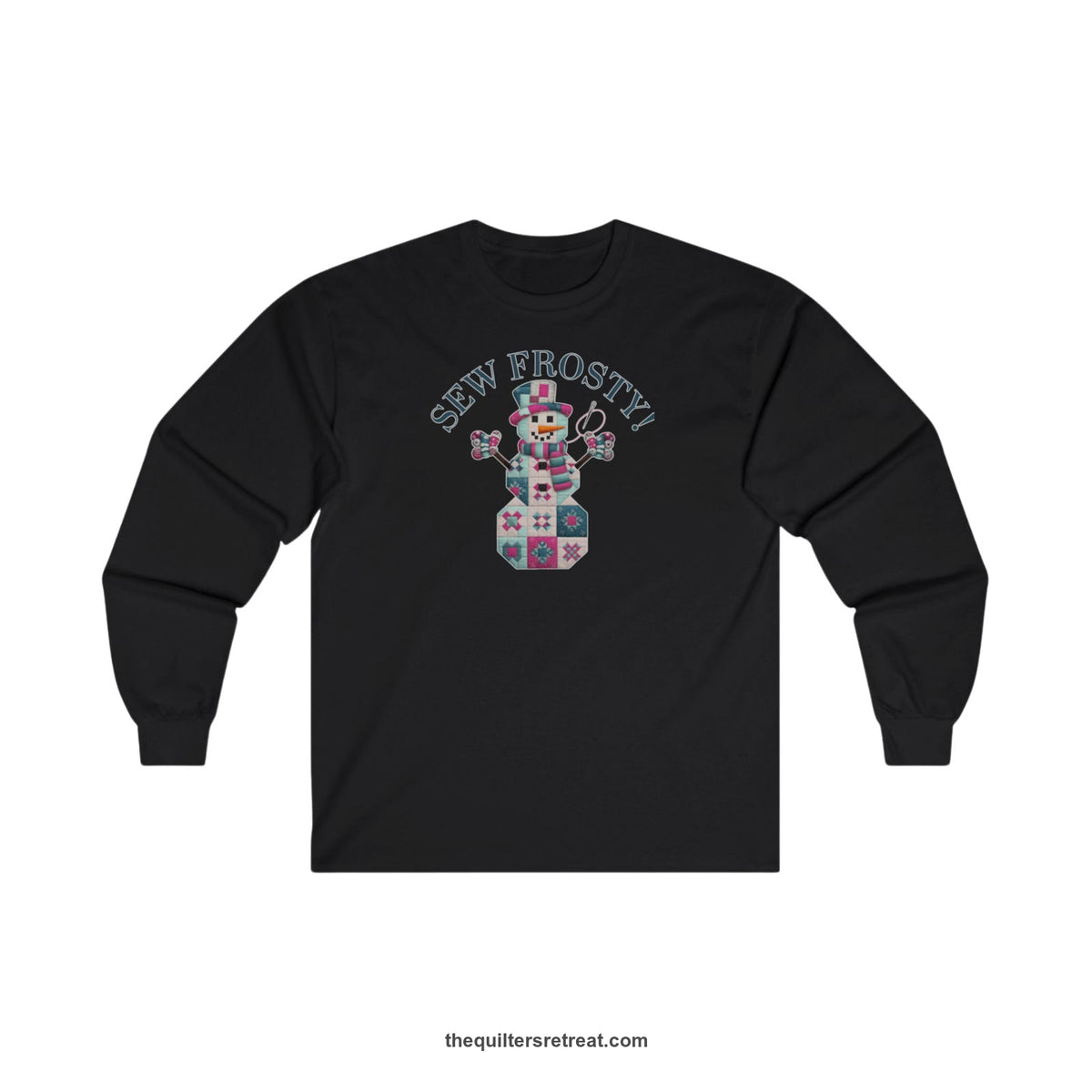 Quilter Gift: A Black Long Sleeve T-Shirt with snowman quilt pattern with 'Sew Frosty!' text in a crafty style