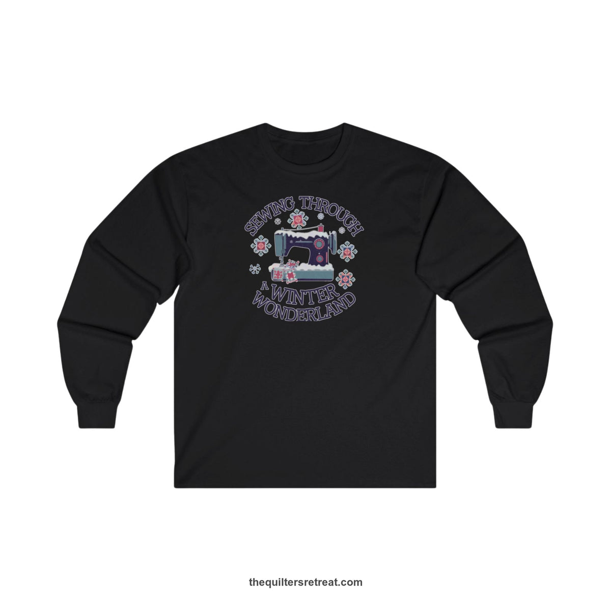 Quilter Gift: A Black Long Sleeve T-Shirt with sewing machine covered in snow with festive quilting elements and 'Sewing Through a Winter Wonderland' text