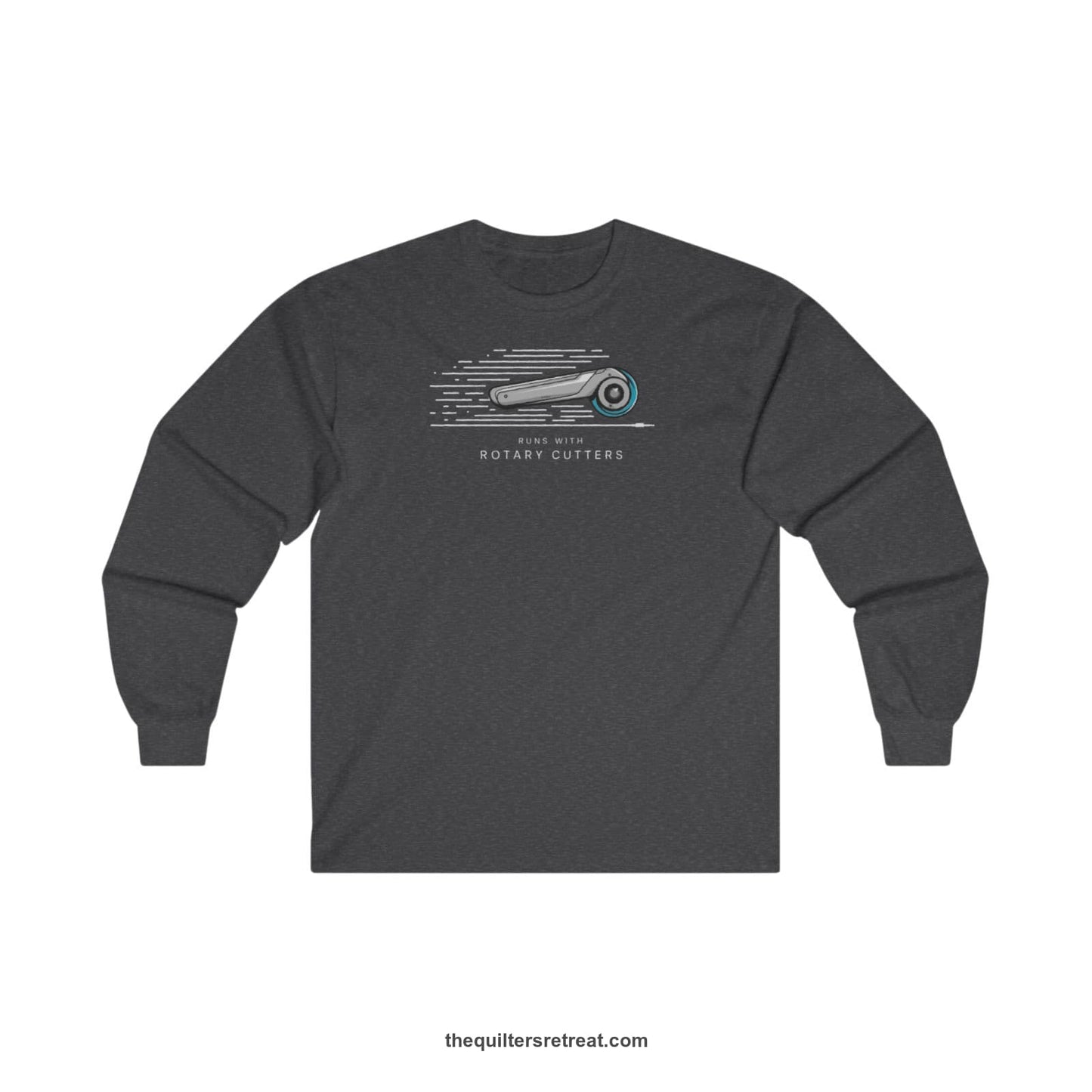 A Dark Heather Long Sleeve T-Shirt with a rotary cutter illustration with dynamic lines and bold "Runs with Rotary Cutters" text