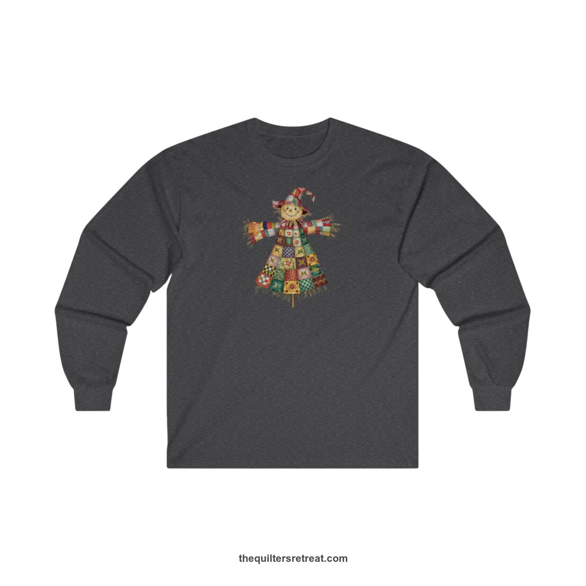 Quilter Gift: A Dark Heather Long Sleeve T-Shirt with patchwork scarecrow with a cheerful face in a whimsical style
