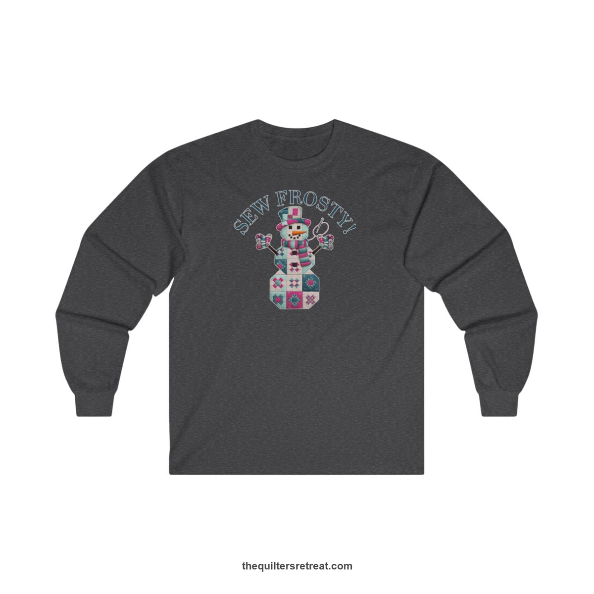 Quilter Gift: A Dark Heather Long Sleeve T-Shirt with snowman quilt pattern with 'Sew Frosty!' text in a crafty style