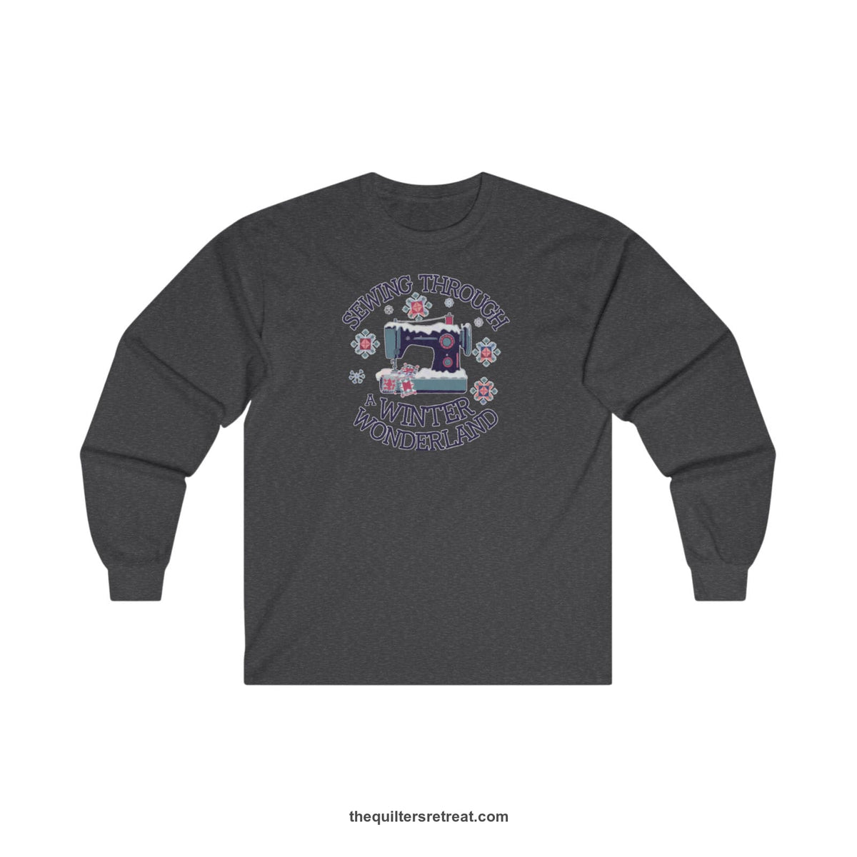 Quilter Gift: A Dark Heather Long Sleeve T-Shirt with sewing machine covered in snow with festive quilting elements and 'Sewing Through a Winter Wonderland' text