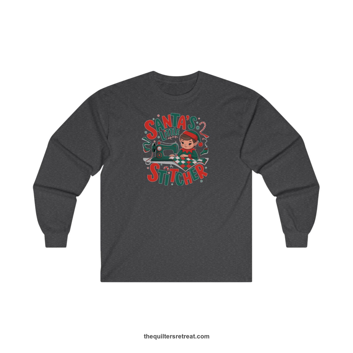 Quilter Gift: A Dark Heather Long Sleeve T-Shirt with santa's little stitcher elf sewing quilt with festive colors in playful style